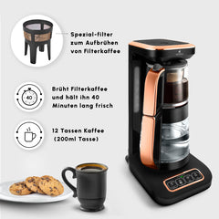 Caysever Robotea Pro 4-in-1 Teemaschine, Wasserkocher & Filterkaffeemaschine, 2500 W, Schwarz-Kupfer