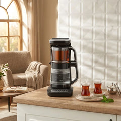 Karaca Çaysever Robotea Pro 4 in 1 Sprechende Automatische Glas-Teemaschine, Wasserkocher und Filterkaffeemaschine, Schwarz Chrom, 2500W