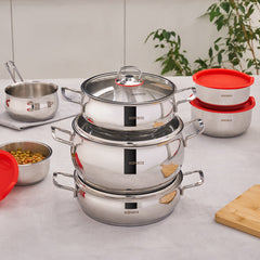 Karaca Induktions Stahl Kochgeschirr Set mit Vorratsbehälter, 13 Teilig