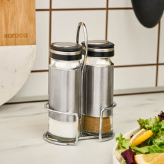 Karaca Stellum Salz- und Pfefferstreuer-Set aus Glas mit Stand, Creme/Inox, 3-teilig