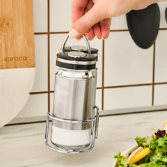 Karaca Stellum Salz- und Pfefferstreuer-Set aus Glas mit Stand, Creme/Inox, 3-teilig