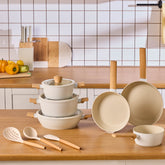 Karaca Swiss Crystal Almond Cream – 12-teiliges Kochgeschirr-Set mit Antihaftbeschichtung