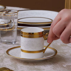 Karaca Royal Bone Charlotte – 6-teiliges Kaffeetassen-Set (90 ml) | Bone China Weiss mit Golddekor