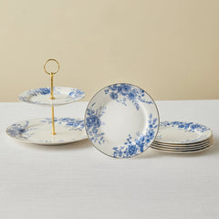 Karaca Delft Bone China Servierset mit Etagere für 6 Personen Blau, 8-teilig