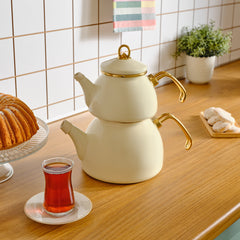 Karaca Retro Emaille Teekannen-Set Creme, 3-teilig