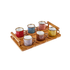 Karaca Bambus Bunt Espressotassen-Set für 6 Personen mit Bambustablett, 13-teilig, 90 ml