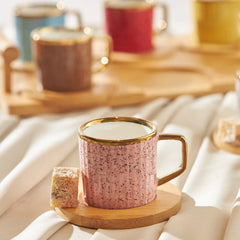 Karaca Bambus Bunt Espressotassen-Set für 6 Personen mit Bambustablett, 13-teilig, 90 ml