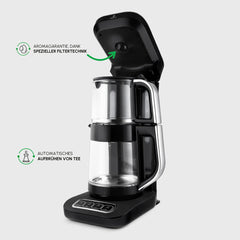 Karaca Çaysever Robotea Pro 4 in 1 Sprechende Automatische Glas-Teemaschine, Wasserkocher und Filterkaffeemaschine, Schwarz Chrom, 2500W