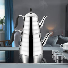 Korkmaz A219 Viva Turkish Stovetop Teapot Set, 18/10 Stainless Steel with Double Teapot and Black Silicone Handles, Samovar Style Tea Kettle