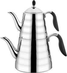 Korkmaz A219 Viva Turkish Stovetop Teapot Set, 18/10 Stainless Steel with Double Teapot and Black Silicone Handles, Samovar Style Tea Kettle