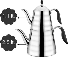 Korkmaz A219 Viva Turkish Stovetop Teapot Set, 18/10 Stainless Steel with Double Teapot and Black Silicone Handles, Samovar Style Tea Kettle
