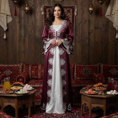 Elegantes Samt-Bindallı in Bordeaux und Hellgrau – Traditionelles Kleid für die Henna-Nacht