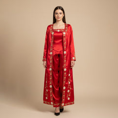 Traditionelles Kına-Gecesi-Bindalli in Rot – Satin mit goldener Stickerei