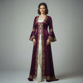 Klassisches Kına-Gecesi-Kleid – Samt-Bindalli in Dunkelviolett mit Goldstickerei und cremefarbenem Einsatz