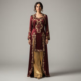 Elegantes Kına-Gecesi-Bindalli – Bordeauxrot mit goldener Stickerei und Satinhose