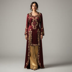 Elegantes Kına-Gecesi-Bindalli – Bordeauxrot mit goldener Stickerei und Satinhose