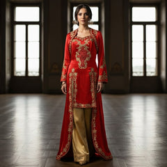 Elegantes Kına-Gecesi-Bindalli – Rot mit goldener Stickerei und Satinhose