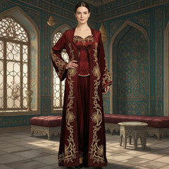 Elegantes Kına-Nacht-Kleid – Samt-Bindalli in Bordeaux mit Goldstickerei