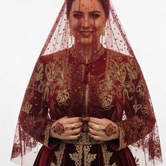 Bordeaux Bindallı Duvak – Traditioneller Henna-Schleier mit goldfarbenem Glitzerdruck