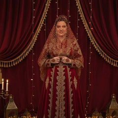 Rote Bindallı Duvak – Traditioneller Henna-Schleier mit goldfarbenem Glitzerdruck