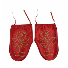 Kına Gecesi Handschuhe – Rote Satin-Handschuhe mit goldfarbenem Glitzerdruck