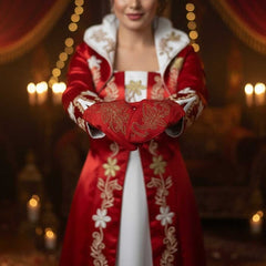 Kına Gecesi Handschuhe – Rote Satin-Handschuhe mit goldfarbenem Glitzerdruck