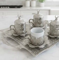 Sena Lalezar Kaffee-Set – 13-teilig, 6 Personen, Porzellan mit Deckel, Silberfarben