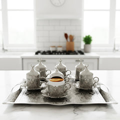 Sena Lalezar Kaffee-Set – 13-teilig, 6 Personen, Porzellan mit Deckel, Silberfarben