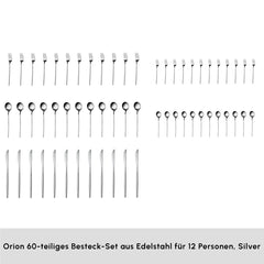 Karaca Orion Silver Besteckset, 60-teilig für 12 Personen