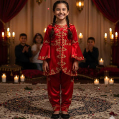 Kinder Bindallı für Mädchen – Rotes traditionelles Kına-Gecesi-Kleid mit goldenen Verzierungen