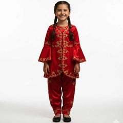 Kinder Bindallı für Mädchen – Rotes traditionelles Kına-Gecesi-Kleid mit goldenen Verzierungen