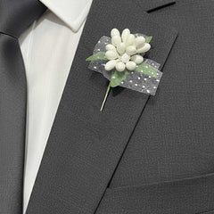 10er Mini Deko-Blumenstrauss – 10 cm weiße Kunstblume mit Tüll und Blättern