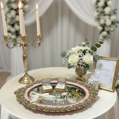 Elegantes Verlobungstablett – Oval mit Spiegel und Goldrand, Rosé, 39x26 cm