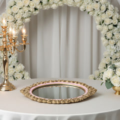 Elegantes Verlobungstablett – Oval mit Spiegel und Goldrand, Rosé, 39x26 cm
