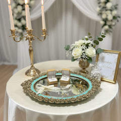 Elegantes Verlobungstablett – Oval mit Spiegel und Goldrand, Türkis, 39x26 cm