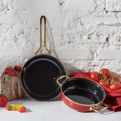 Karaca Retro Enamel Pan and Serving Pan Set, Red