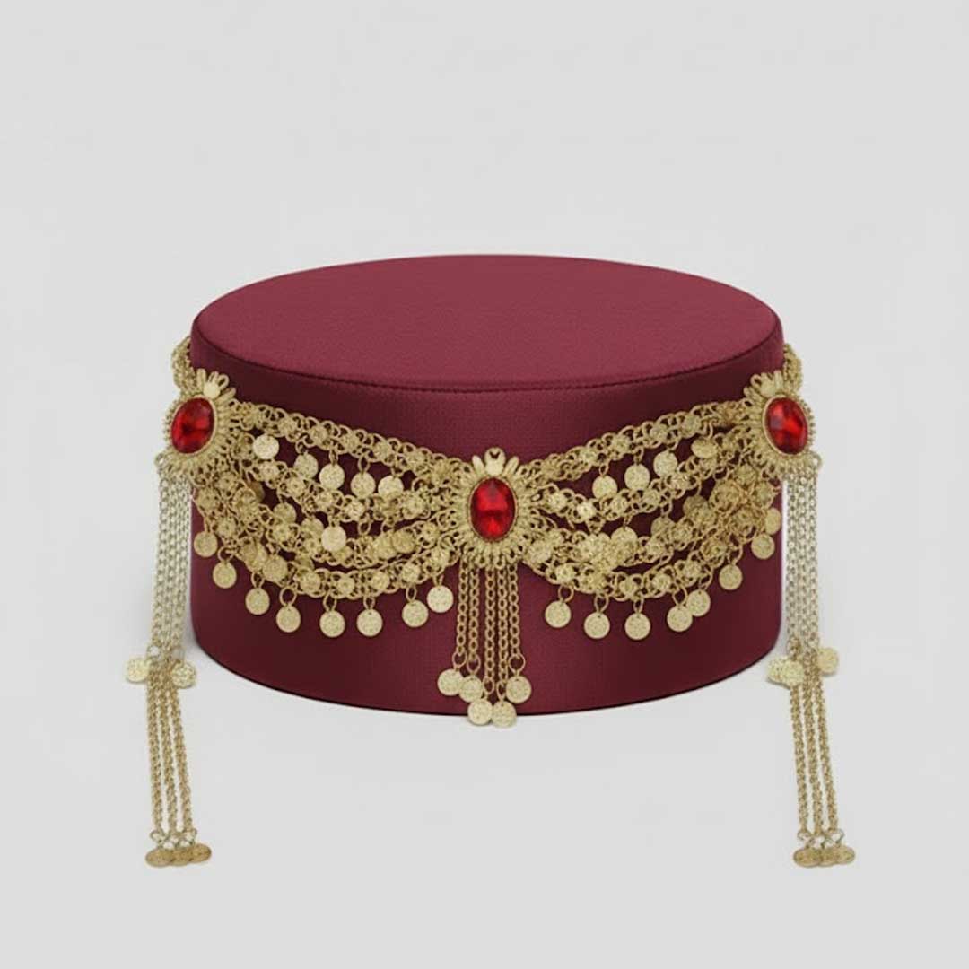 Fes Schmuck – Goldfarbener Fes-Aufsatz mit roten Steinen
