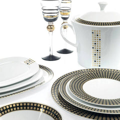 Kütahya Porzellan 97-teiliges "Iris" Premium Porzellan Geschirrset – Weiss, Gold, schwarz | Luxus-Tafelservice für 12 Personen