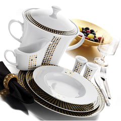Kütahya Porzellan 97-teiliges "Iris" Premium Porzellan Geschirrset – Weiss, Gold, schwarz | Luxus-Tafelservice für 12 Personen