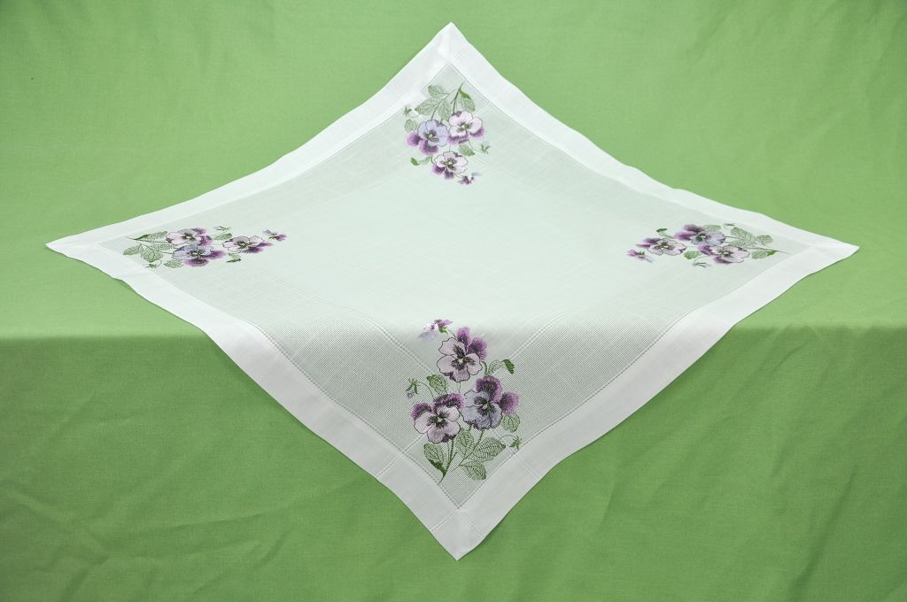 Tischdecke Frühling Stiefmütterchen Stickerei Mitteldecke Weiss Lila Bestickt Decke Quadratisch