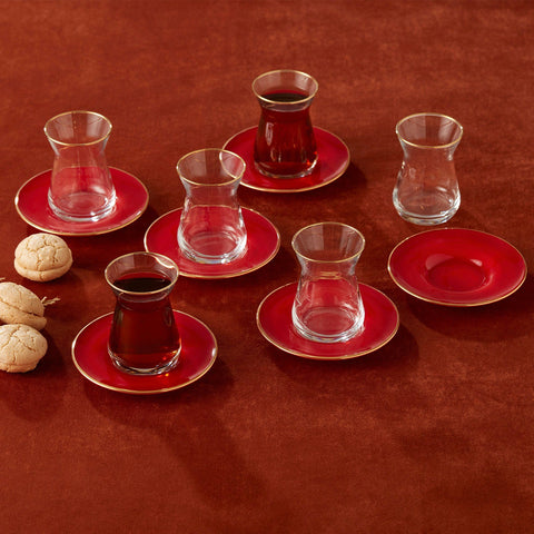 Karaca Retro Teeservice- Set für 6 Personen, Rot