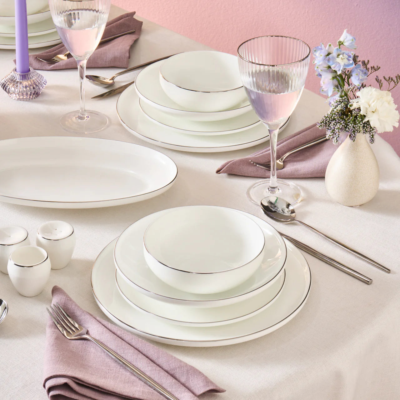 Karaca New Meridian Platin Geschirrset, 55-teilig für 12 Personen