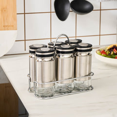 Karaca Stellum Gewürzglas-Set mit Halterung aus Glas, Creme/Inox, 6 × 100 ml