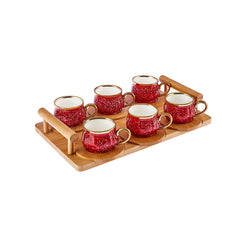 Karaca Bambus Rot Espressotassen-Set für 6 Personen mit Bambustablett, 13-teilig, 90 ml