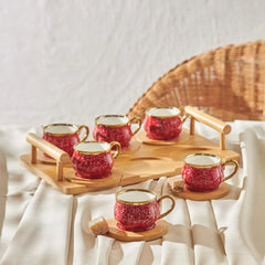Karaca Bambus Rot Espressotassen-Set für 6 Personen mit Bambustablett, 13-teilig, 90 ml