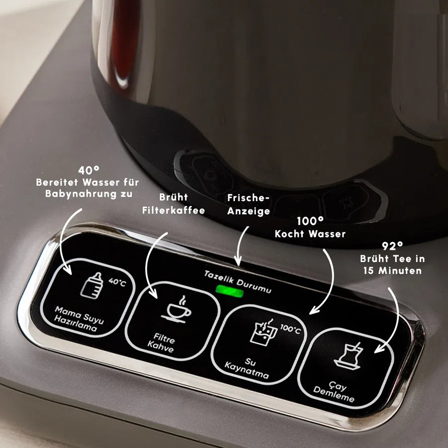 Karaca Caysever Robotea Pro 4 in 1 sprechender automatischer Teekocher Wasserkocher und Filterkaffeemaschine 2500W Space Grau