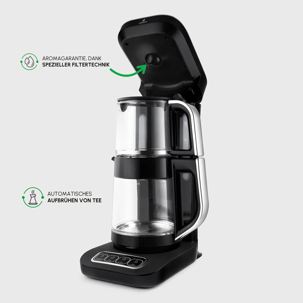 Karaca Çaysever Robotea Pro 4 in 1 Sprechende Automatische Glas-Teemaschine, Wasserkocher und Filterkaffeemaschine, Schwarz Chrom, 2500W
