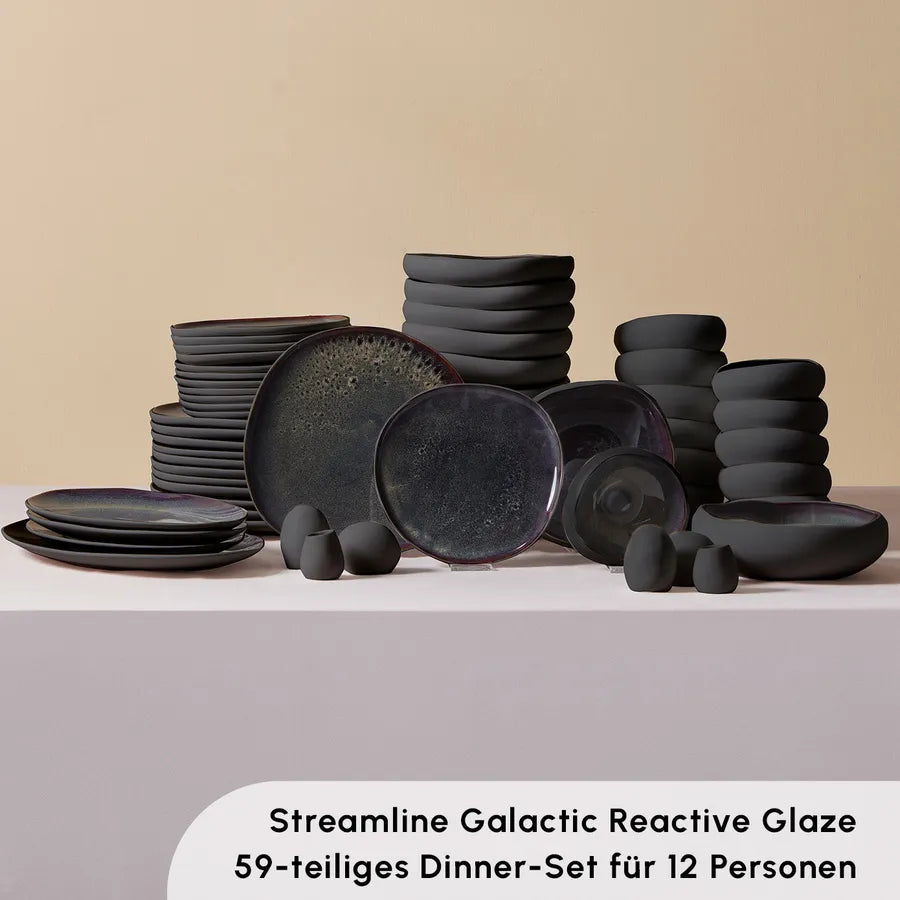 Karaca Red Carpet Collection Streamline Galactic Stoneware Dinnerware Set, 12 Persons, Black, 59 Pieces