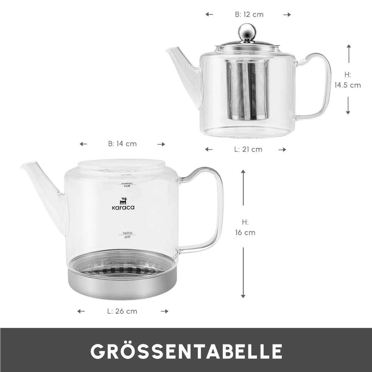 Karaca Dora glass teapot XL, 1000 ml teapot, 2000 ml water jug