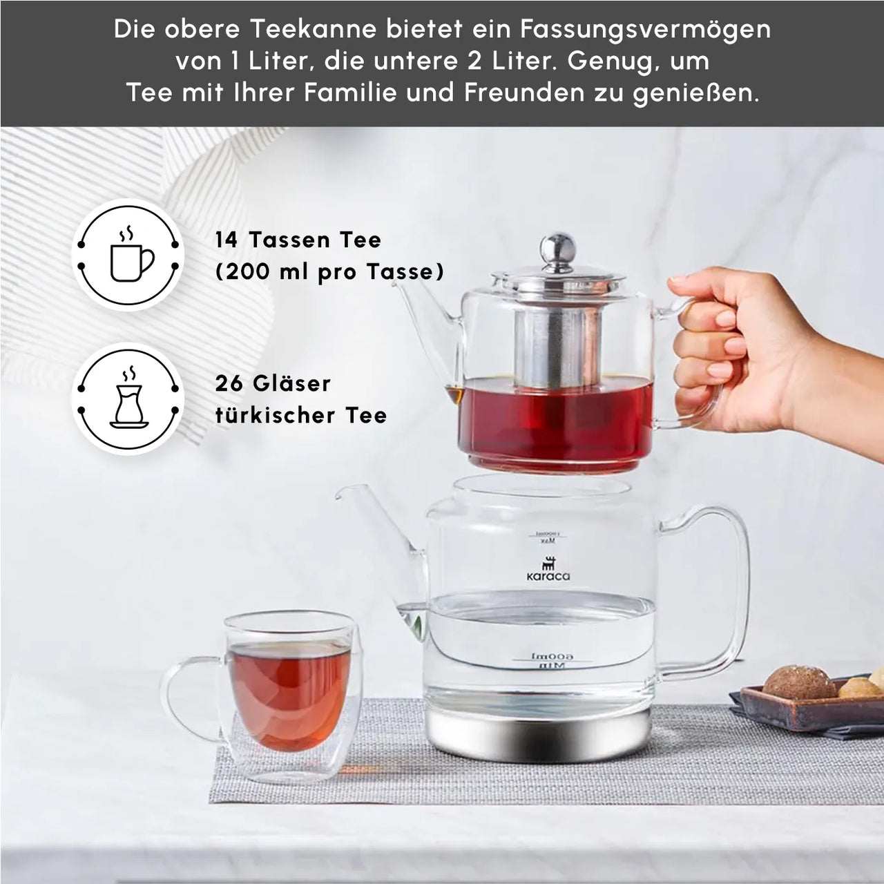 Karaca Dora glass teapot XL, 1000 ml teapot, 2000 ml water jug